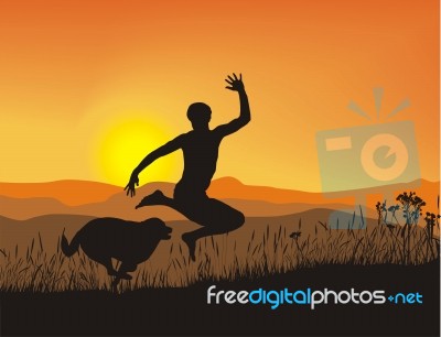 Dog Chasing To Man at Sunset Stock Image