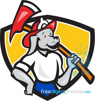 Dog Fireman Firefighter Fire Axe Shield Cartoon Stock Image