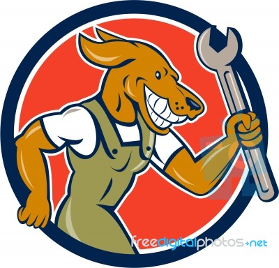 Dog Mechanic Running With Spanner Circle Cartoon Stock Image