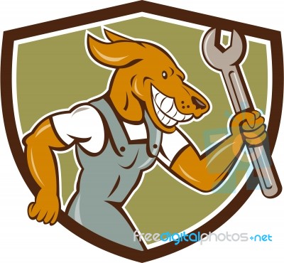 Dog Mechanic Running With Spanner Crest Cartoon Stock Image