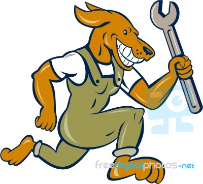 Dog Mechanic Running With Spanner Isolated Cartoon Stock Image