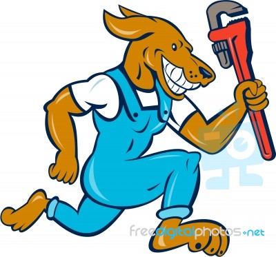 Dog Plumber Running Monkey Wrench Cartoon Stock Image