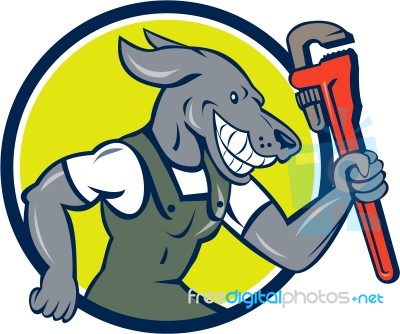 Dog Plumber Running Monkey Wrench Circle Cartoon Stock Image