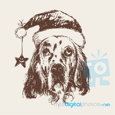 Dog With Santa Claus Hat Hand Drawn Stock Image