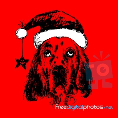 Dog With Santa Claus Hat Hand Drawn Stock Image