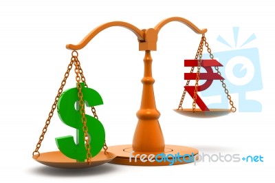 Dollar And Rupee Symbols On A Brass Scale Stock Image