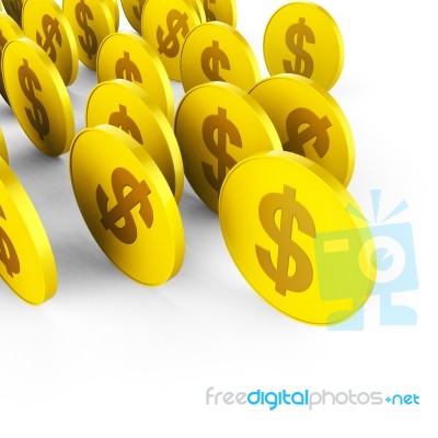 Dollar Coins Means American Dollars And Banking Stock Image