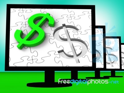 Dollar Symbol On Monitors Showing American Finances Stock Image