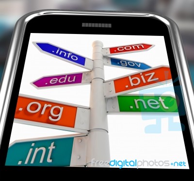 Domains On Smartphone Shows Internet Websites Stock Image