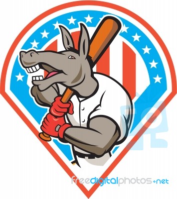 Donkey Baseball Player Batting Diamond Cartoon Stock Image