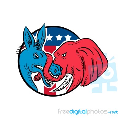 Donkey Biting Elephant Trunk American Flag Drawing Stock Image