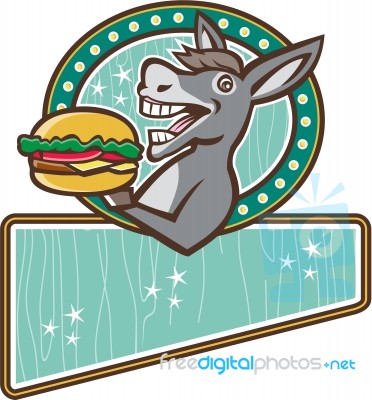 Donkey Mascot Serve Burger Rectangle Oval Retro Stock Image