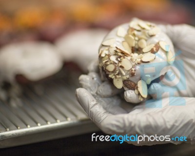 Donut With Sliced Almonds Stock Photo