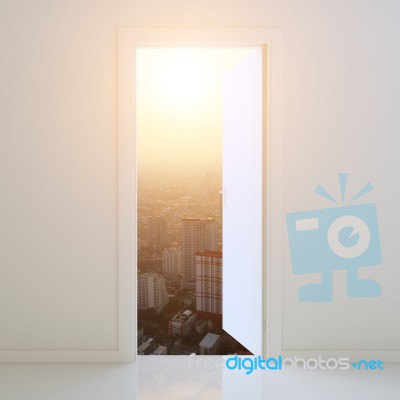 Door Open To City At Sunset Background Stock Photo