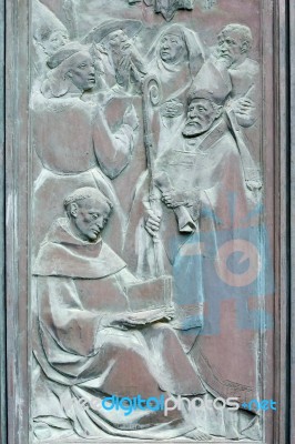 Door Panel Of The Cathedral In Sienna Stock Photo