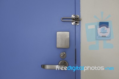 Door With Stainless Steel Lock Set And Access Control Card Stock Photo