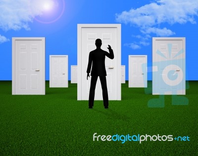 Doors Choice Shows Man Doorways And Direction Stock Image