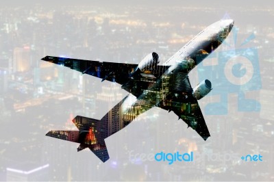 Double Exposure Commercial Airplane With Blur Cityscape Backgrou… Stock Photo