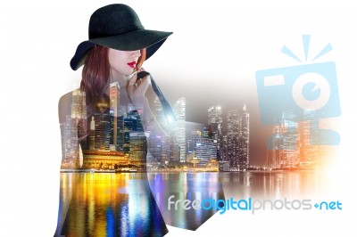 Double Exposure Of Business Travel And Shopping Concept Stock Photo