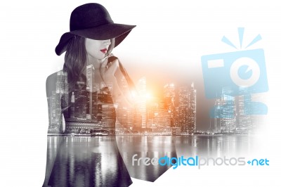 Double Exposure Of Business Travel And Shopping Concept Stock Photo