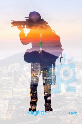 Double Exposure Portrait Of Photographer And City Skyline Stock Photo