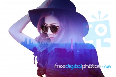 Double Exposure,beautiful Girl And Cityscape Stock Photo