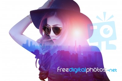 Double Exposure,beautiful Girl And Cityscape Stock Photo