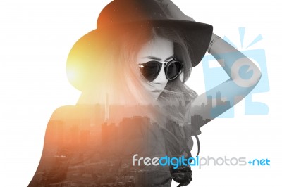 Double Exposure,beautiful Girl And Cityscape Stock Photo