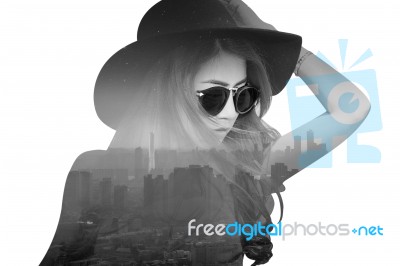 Double Exposure,beautiful Girl And Cityscape Stock Photo