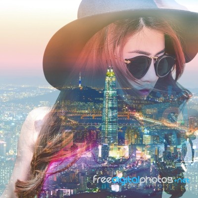 Double Exposure,beautiful Girl And Cityscape Stock Photo