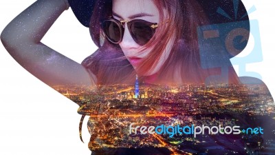 Double Exposure,beautiful Girl And Cityscape Stock Photo