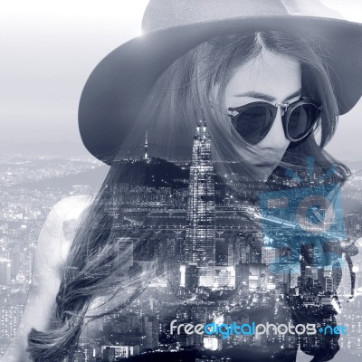 Double Exposure,beautiful Girl And Cityscape Stock Photo