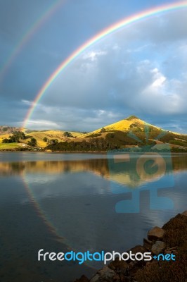 Double Rainbow Over The Otago Peninsula Stock Photo