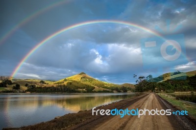 Double Rainbow Over The Otago Peninsula Stock Photo