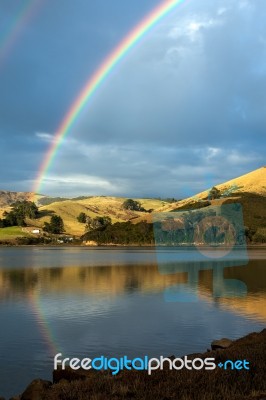 Double Rainbow Over The Otago Peninsula Stock Photo