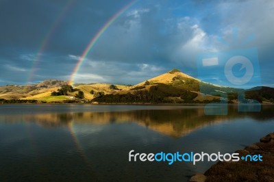 Double Rainbow Over The Otago Peninsula Stock Photo