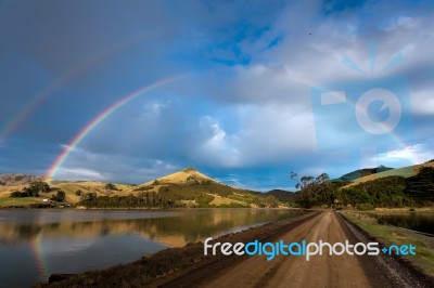 Double Rainbow Over The Otago Peninsula Stock Photo