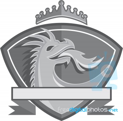 Dragon Breathing Fire Crown Shield Retro Stock Image