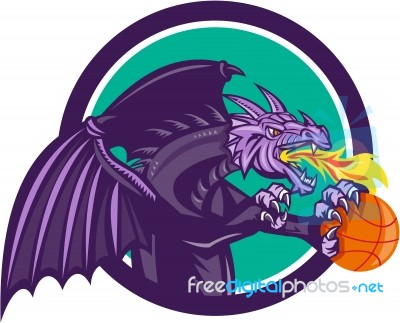 Dragon Fire Holding Basketball Circle Retro Stock Image