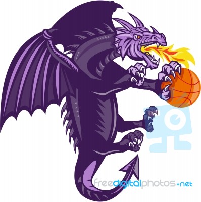 Dragon Fire Holding Basketball Isolated Retro Stock Image