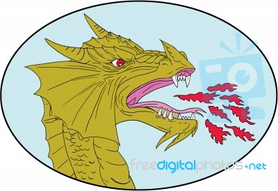 Dragon Head Breathing Fire Oval Drawing Stock Image