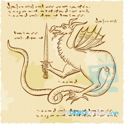 Dragon Holding Sword Etching Stock Image