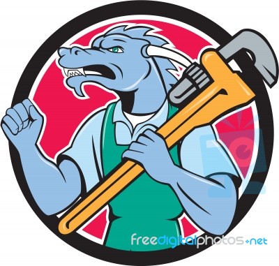 Dragon Plumber Monkey Wrench Fist Pump Cartoon Stock Image