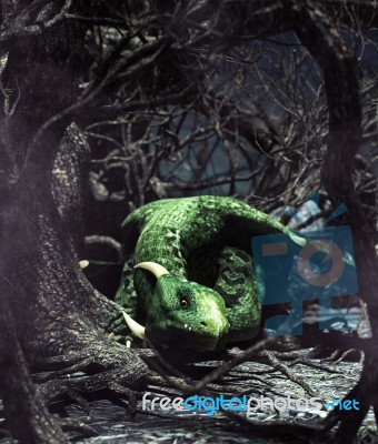 Dragon Resting In Creepy Forest,3d Rendering For Book Cover Stock Image