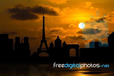 Dramatic Paris Skyline With Sunset Stock Image