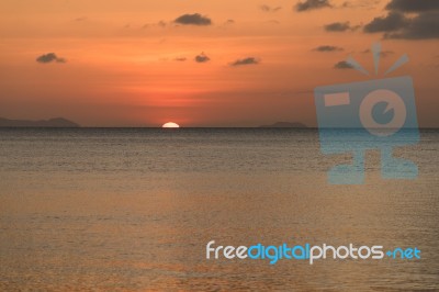 Dramatic Ponoramic Tropical Beach Sky Sunset Background Stock Photo