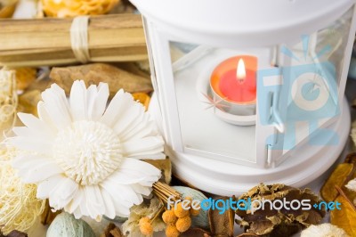 Dried Flowers With Lamp And Candle Stock Photo