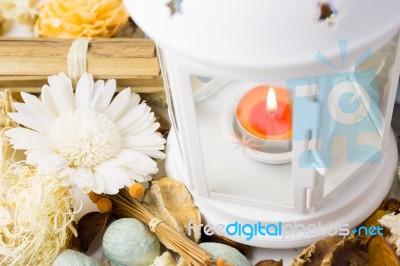 Dried Flowers With Lamp And Candle Stock Photo