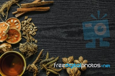 Dried Herbs And Ginseng, Top View Of Thai Herbs And Ginseng On Wooden Floor Stock Photo