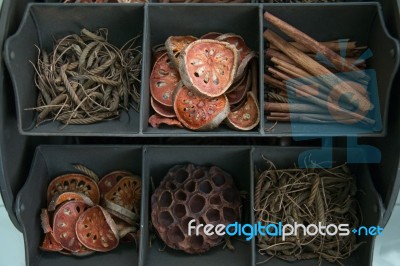 Dried Herbs In Display Stock Photo